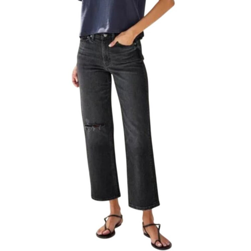 AYR Easy Easy High Rise Cropped Straight Leg Distressed Jeans Rebel Black-Sz 29